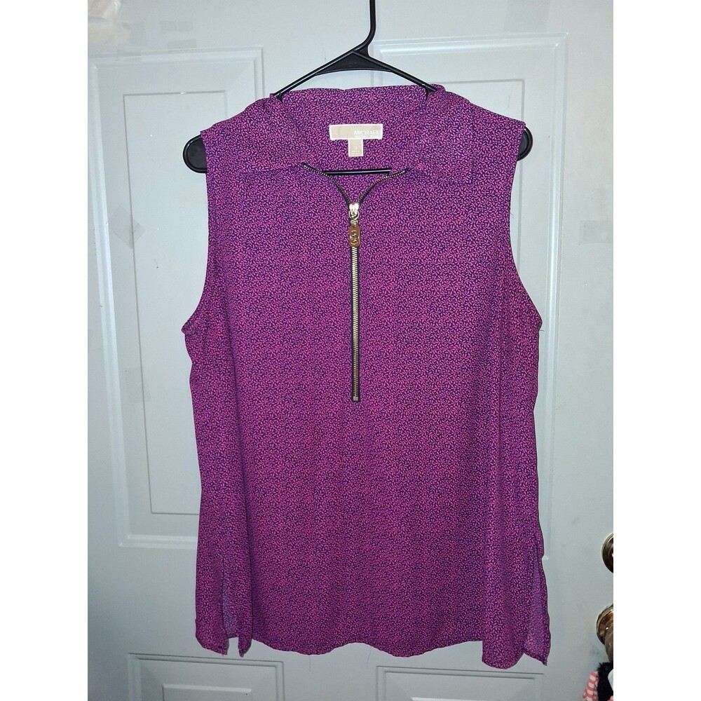 MICHAEL Michael Kors Plus 1X Blouse Sleeveless Quarter Zip Pink Navy Leaf Top